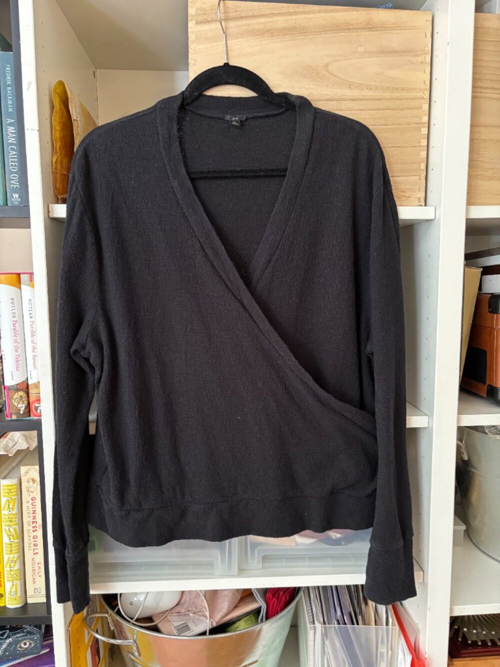 J.Crew 100% Cotton Knit Wrap Top Black V-Neck Long Sleeve XL